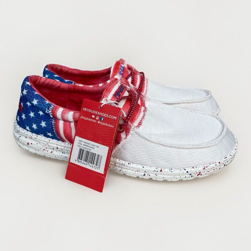 Hey Dude Wendy Sox Tri Patriotic Americana Shoes Women Sz 11 NEW Red White Blue - Picture 2 of 8